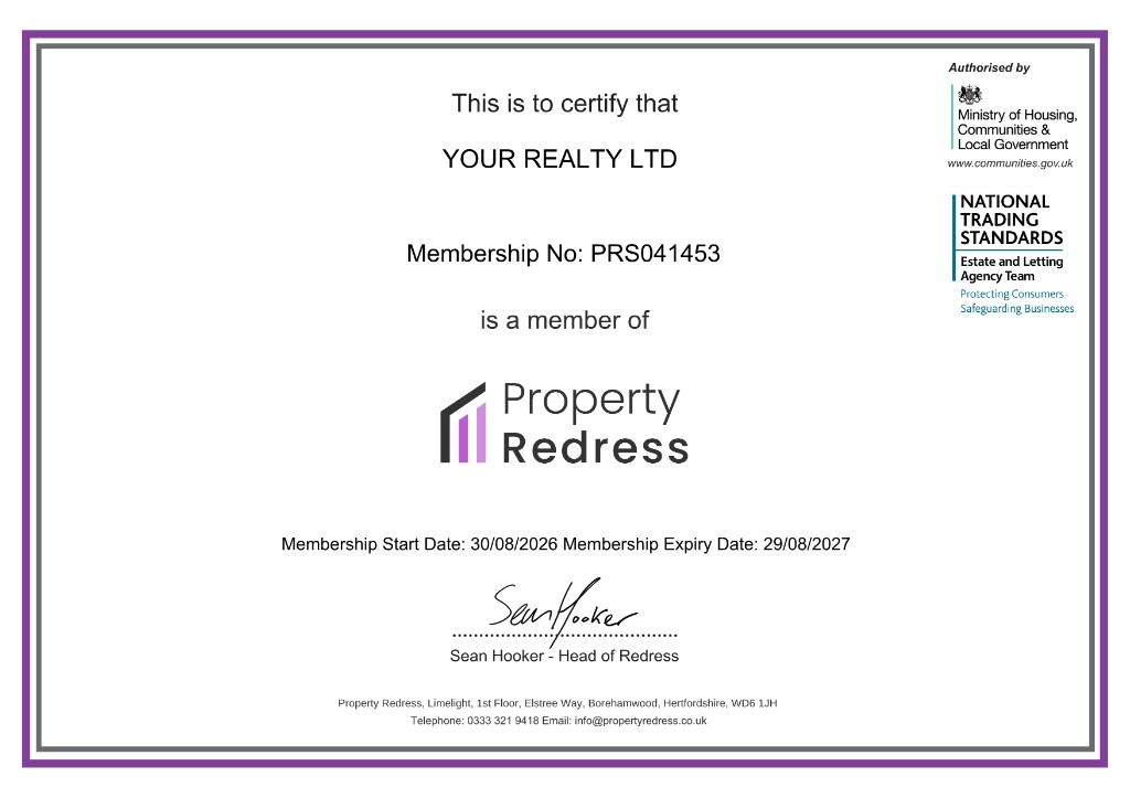 Property Redress Scheme membership certificate for Your Realty Ltd (PRS041453)